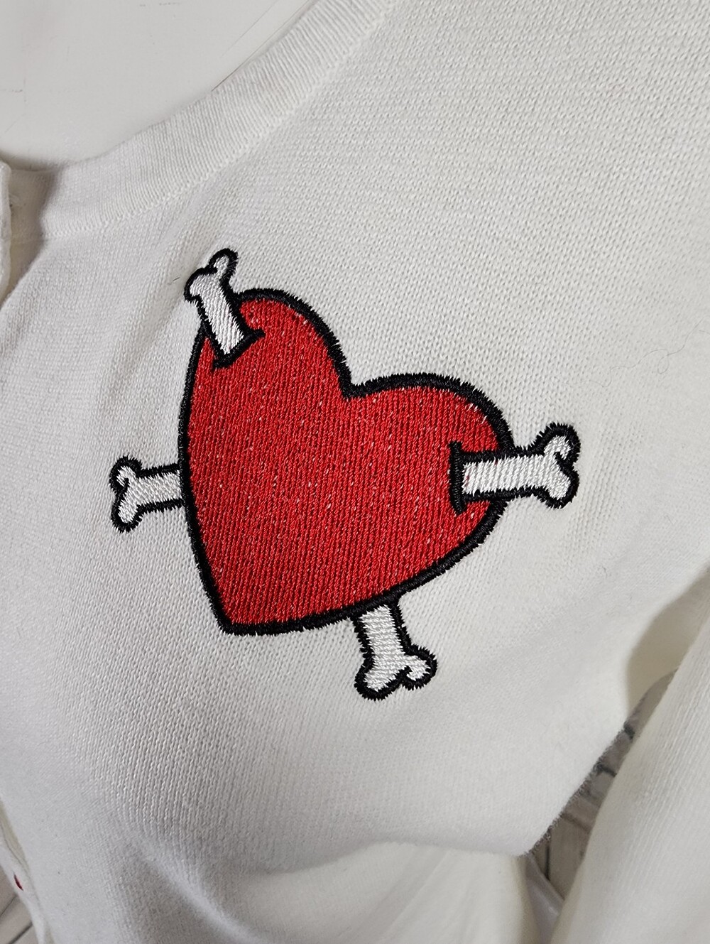 Sourpuss White Cardigan with Red Heart-and-Bones Embroidery - Picture 6 of 15